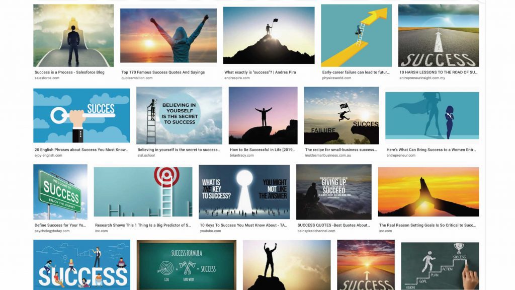 Screenshot van zoekresultaat voor 'Success'. Resultaat: blauwe foto's met horizons en beklommen bergtoppen.