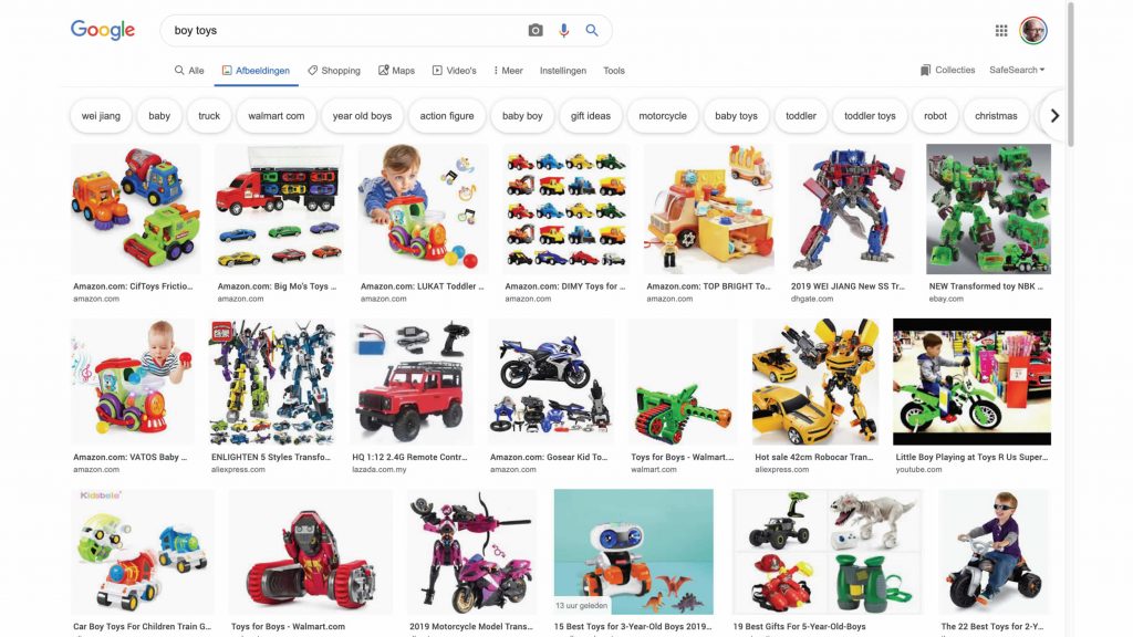 Screenshot van zoekresultaat voor 'Boy toys'. Resultaat: robots, auto's