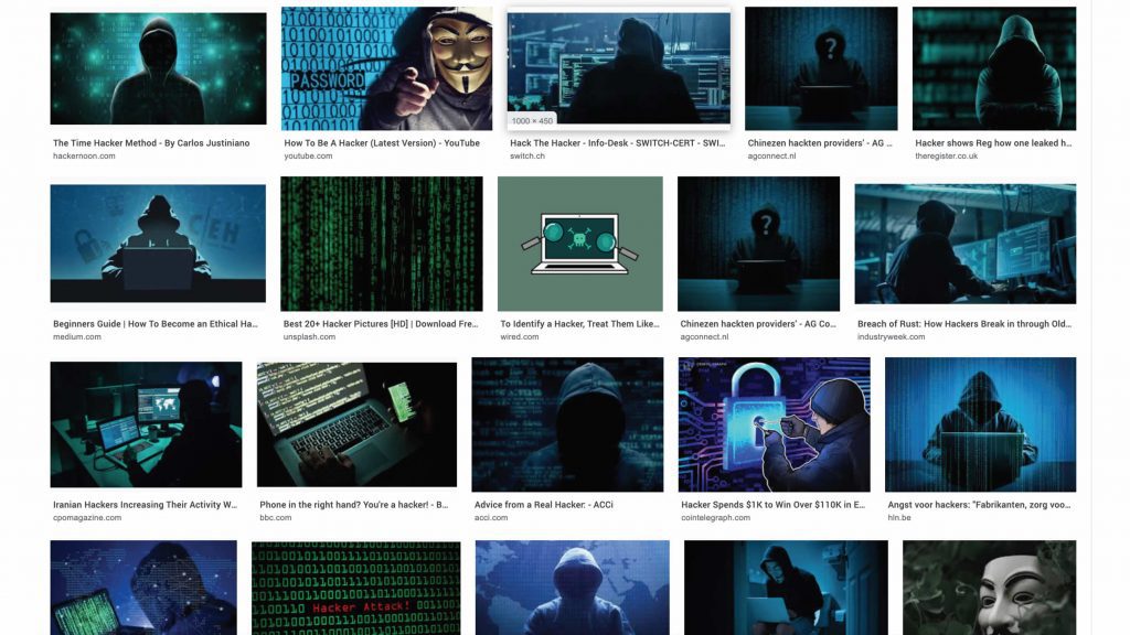 Screenshot van zoekresultaat voor 'Hacker'. Resultaat: alleen donkere foto's gemaskerde types met een hoodie op een achtergrond van cijfers