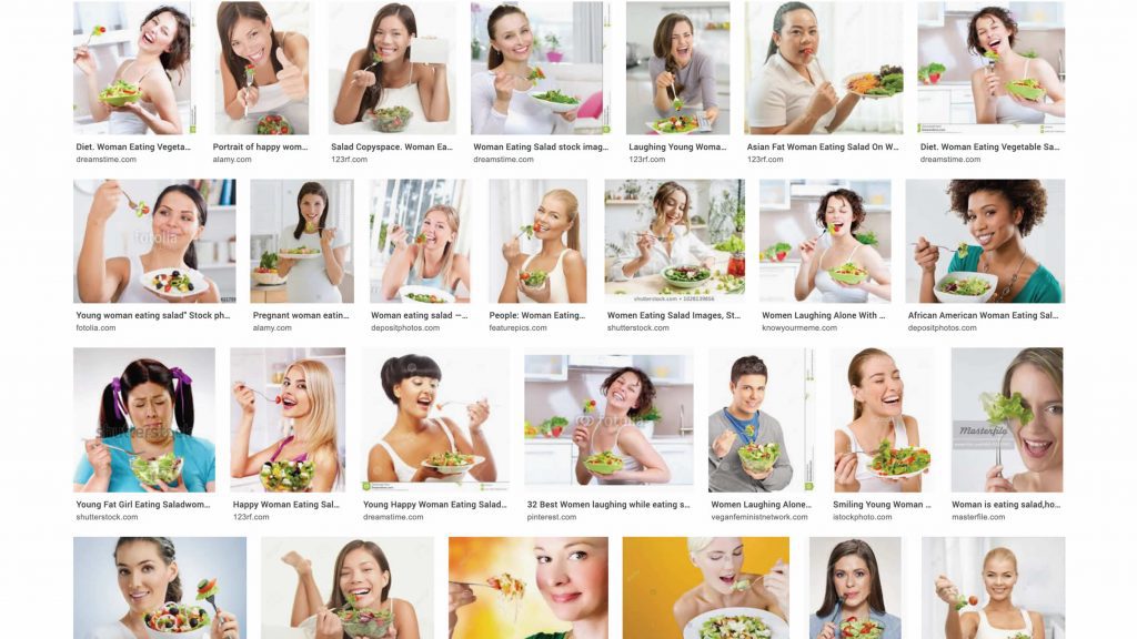 Screenshot van zoekresultaat voor 'Woman Eating Salad'. Resultaat: alleen foto's van schaarsgeklede jonge vrouwen die extatisch met een vork in salade prikken