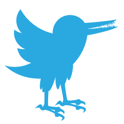 De vogel van het Twitterlogo met scherpe klauwen en tanden in z'n snavel. Een harpij, dus zeg maar.